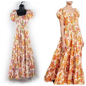 Caroline Constas Bardot Maxi Dress Orange Floral Paisley Puff Sleeve Boho Medium